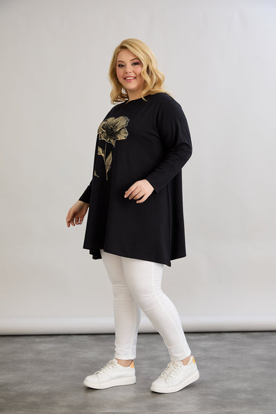 Tunika A-Linie mit Blumendruck mit Kieselsteinen - Schwarz