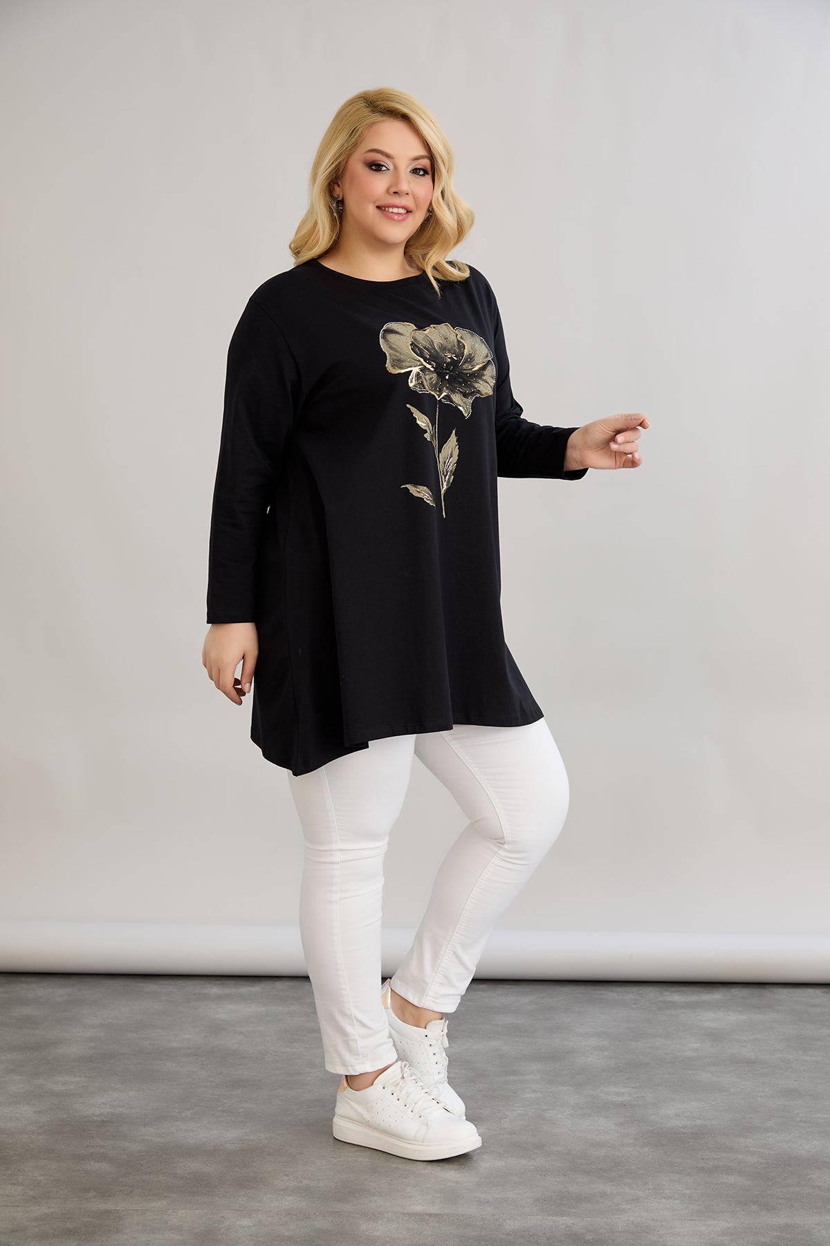 Tunika A-Linie mit Blumendruck mit Kieselsteinen - Schwarz