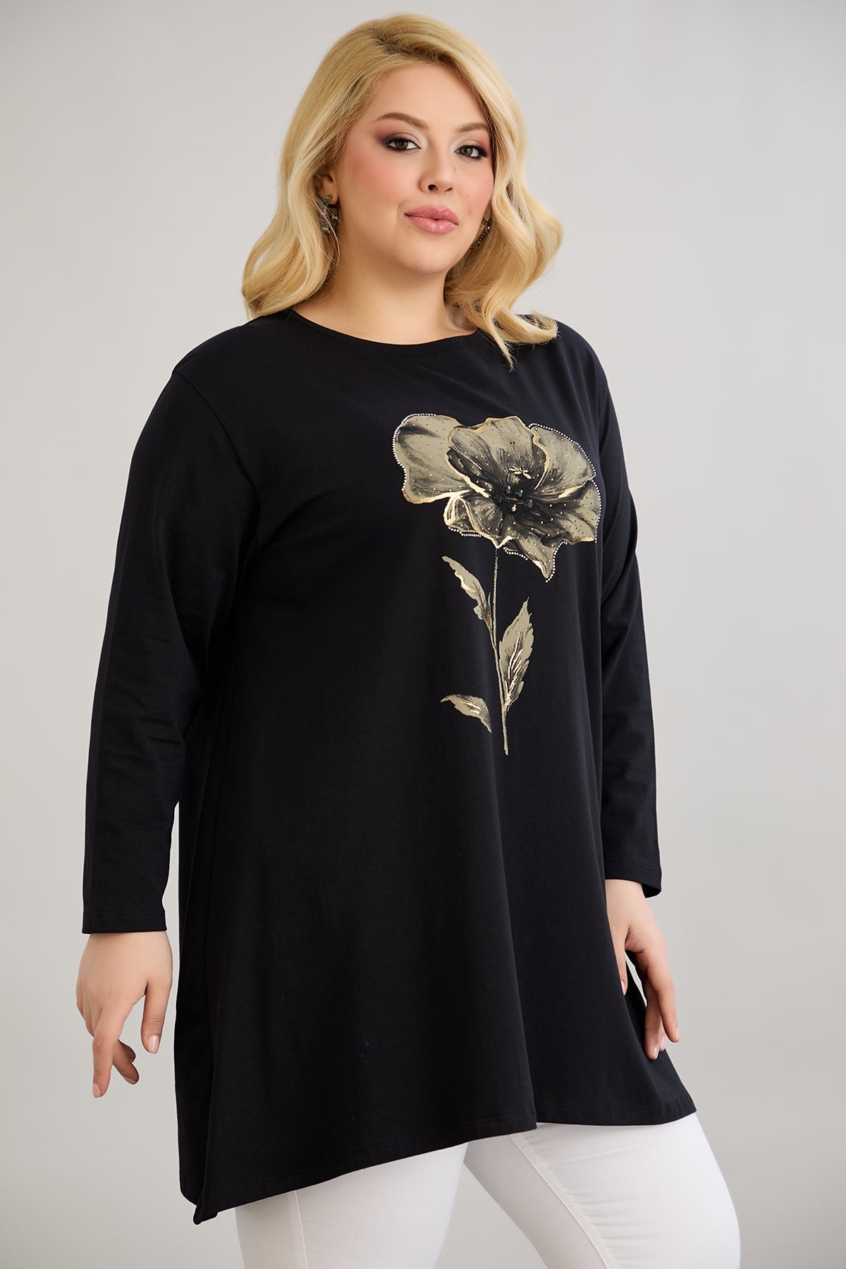 Tunika A-Linie mit Blumendruck mit Kieselsteinen - Schwarz