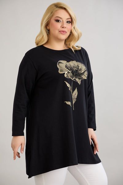 Tunika A-Linie mit Blumendruck mit Kieselsteinen - Schwarz