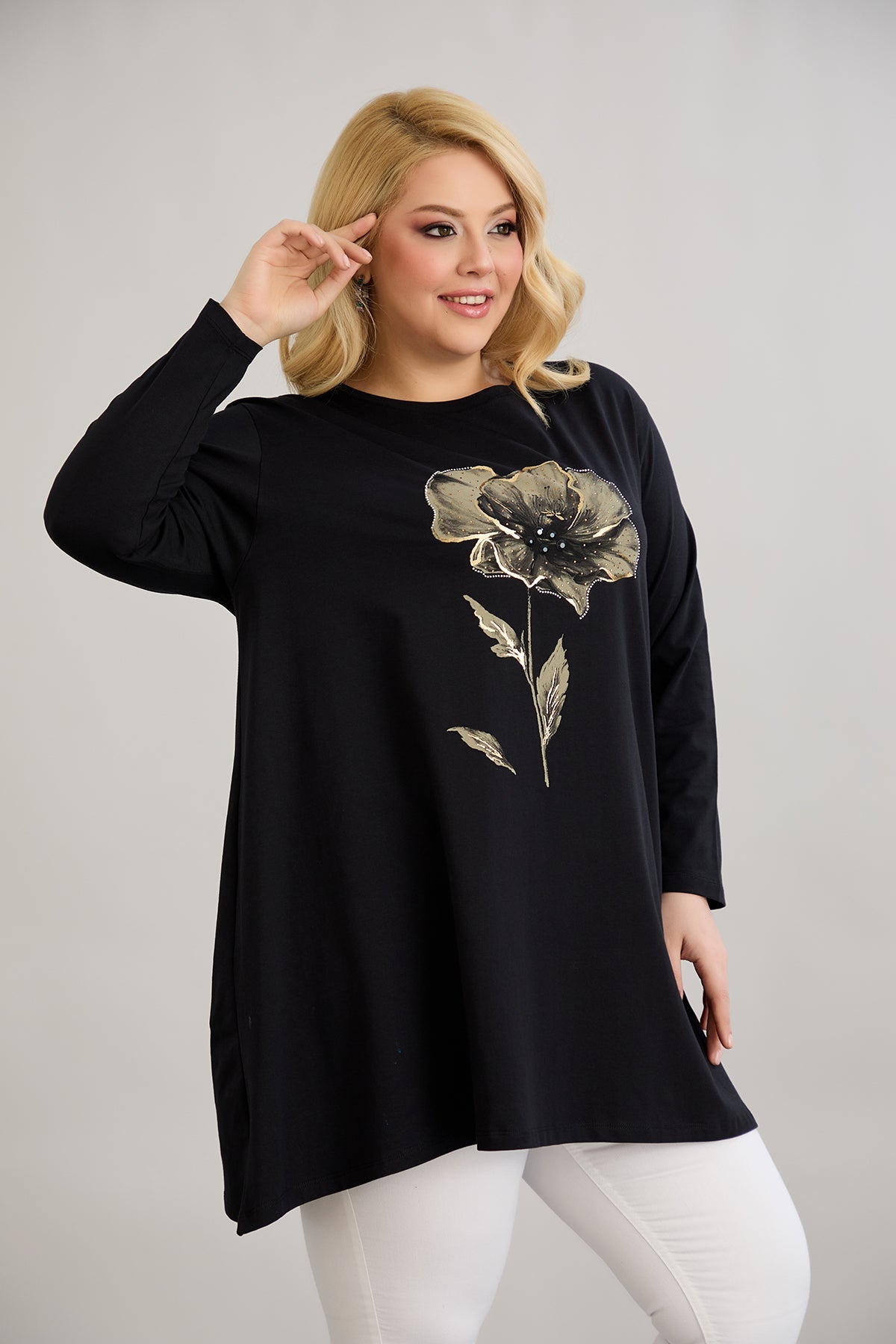Tunika A-Linie mit Blumendruck mit Kieselsteinen - Schwarz