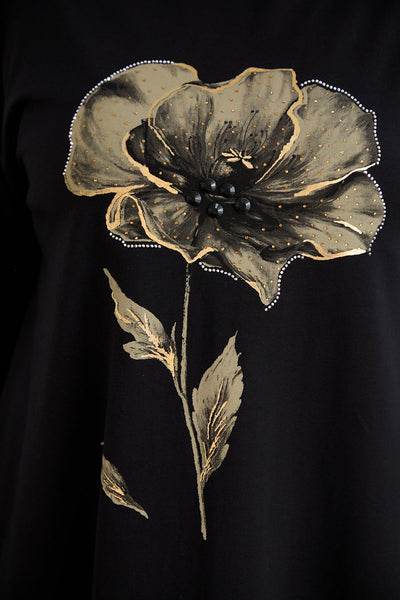 Tunika A-Linie mit Blumendruck mit Kieselsteinen - Schwarz