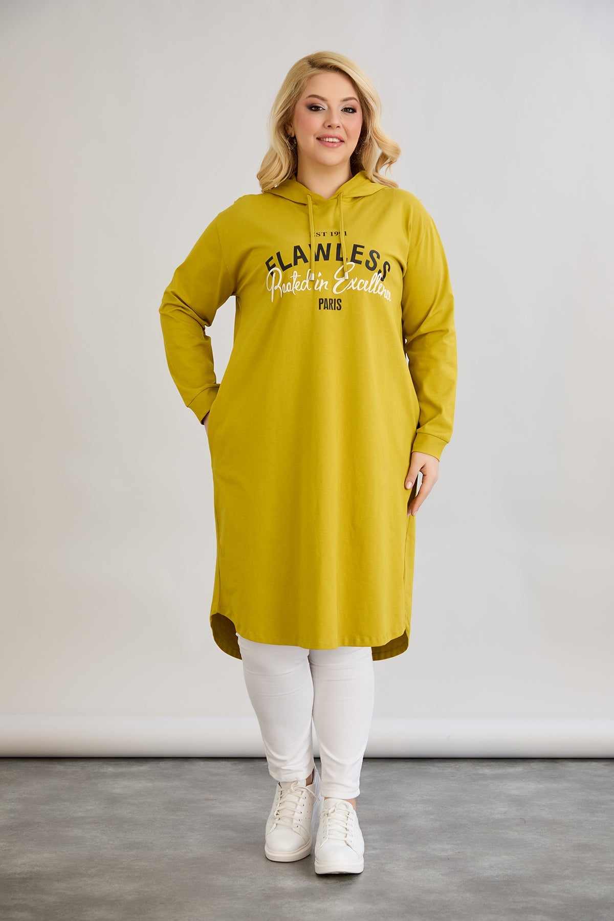 Baumwoll-Tunika-Kleid mit Print - Senffarbe