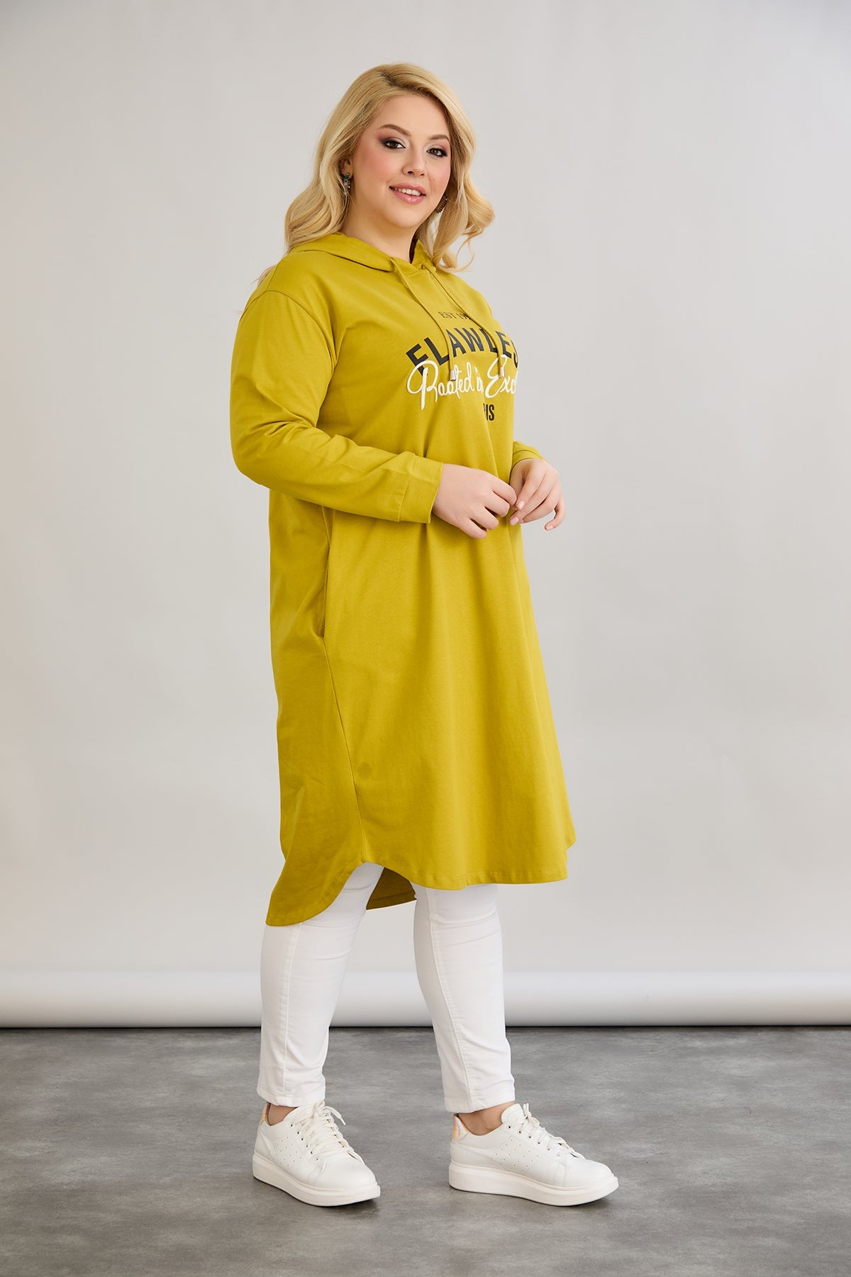 Baumwoll-Tunika-Kleid mit Print - Senffarbe