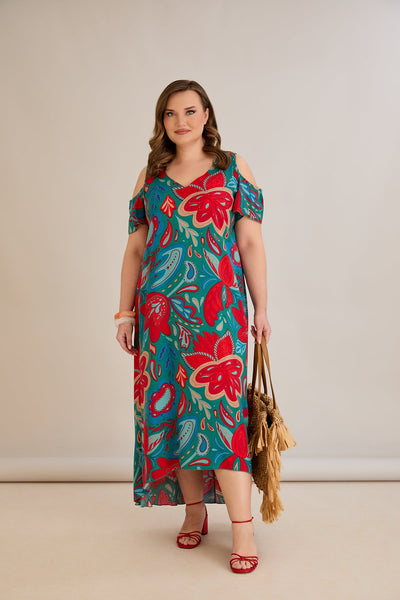 Bunte Sommerkleid aus Viskose mit modischem Schulter-Ausschnitt