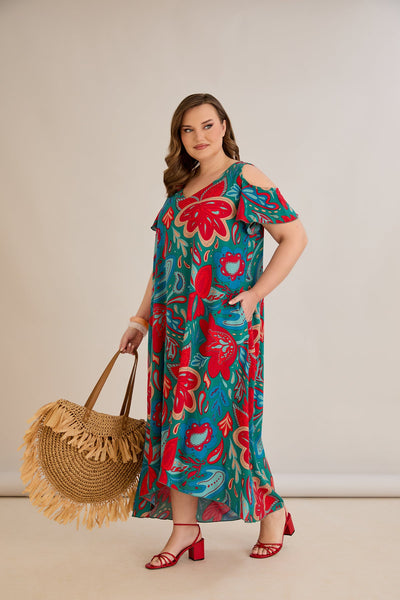 Bunte Sommerkleid aus Viskose mit modischem Schulter-Ausschnitt