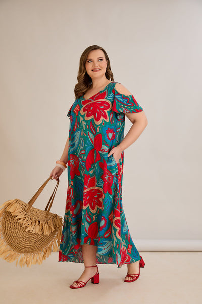 Bunte Sommerkleid aus Viskose mit modischem Schulter-Ausschnitt