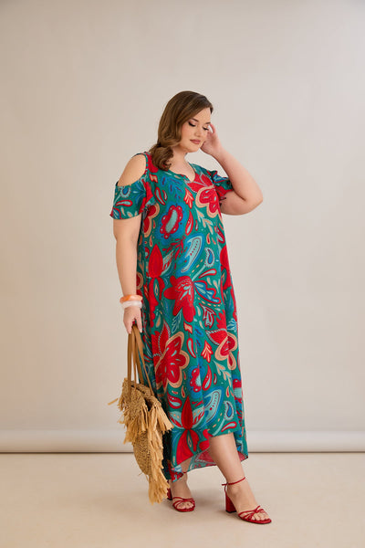 Bunte Sommerkleid aus Viskose mit modischem Schulter-Ausschnitt
