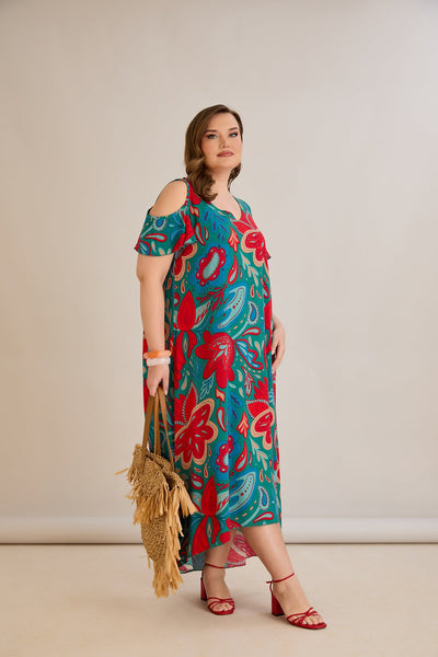 Bunte Sommerkleid aus Viskose mit modischem Schulter-Ausschnitt