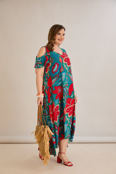Bunte Sommerkleid aus Viskose mit modischem Schulter-Ausschnitt