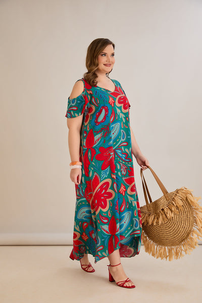 Bunte Sommerkleid aus Viskose mit modischem Schulter-Ausschnitt