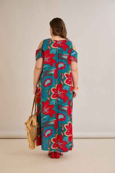 Bunte Sommerkleid aus Viskose mit modischem Schulter-Ausschnitt