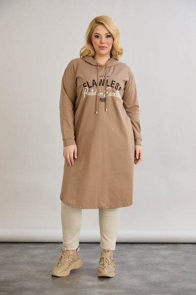 Baumwoll-Tunika-Kleid mit Print - Mocca