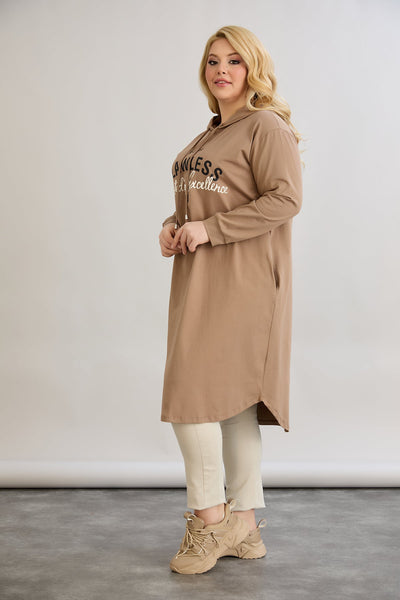 Baumwoll-Tunika-Kleid mit Print - Mocca