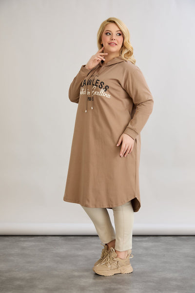 Baumwoll-Tunika-Kleid mit Print - Mocca