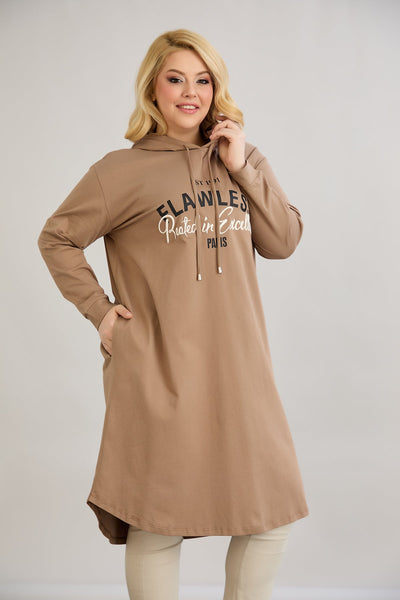 Baumwoll-Tunika-Kleid mit Print - Mocca
