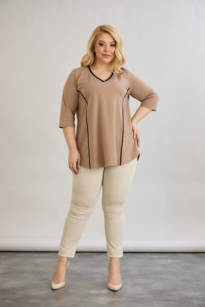 Baumwollbluse in A-Linie mit kontrastierender Verzierung - Beige