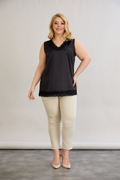 Satin Luxus-Top mit Spitze - Schwarz
