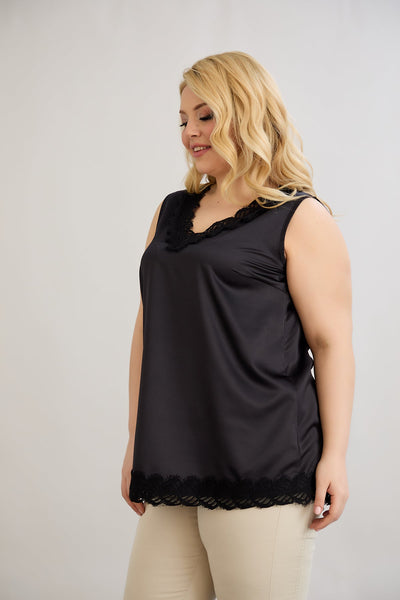 Satin Luxus-Top mit Spitze - Schwarz