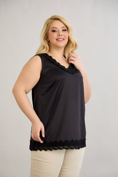 Satin Luxus-Top mit Spitze - Schwarz