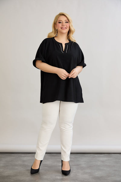 Bluse mit V-Ausschnitt und zarten Kieselsteinen - Schwarz