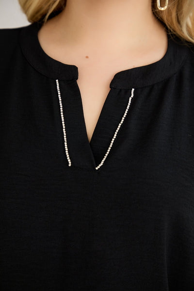 Bluse mit V-Ausschnitt und zarten Kieselsteinen - Schwarz