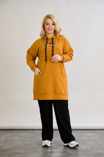 Langes Hoodie mit Cut-Out - Senffarbe