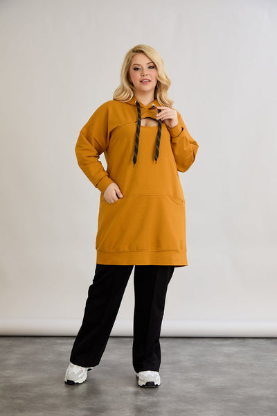 Langes Hoodie mit Cut-Out - Senffarbe