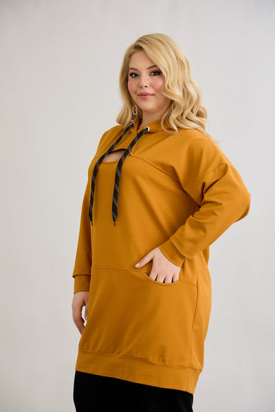 Langes Hoodie mit Cut-Out - Senffarbe