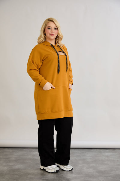 Langes Hoodie mit Cut-Out - Senffarbe