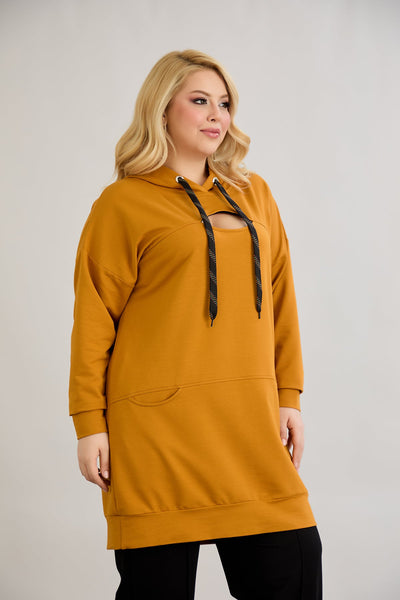 Langes Hoodie mit Cut-Out - Senffarbe