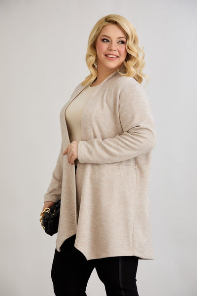 Elegante Strickjacke mit Lurex – offen und mit Taschen  - Beige