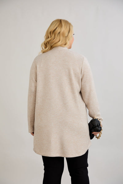 Elegante Strickjacke mit Lurex – offen und mit Taschen  - Beige