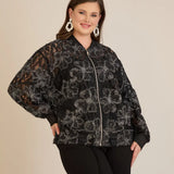 Elegante Jacke mit silbernen Blumenmotiven – Schwarz
