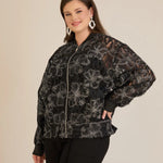 Elegante Jacke mit silbernen Blumenmotiven – Schwarz