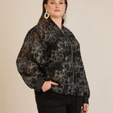Elegante Jacke mit silbernen Blumenmotiven – Schwarz