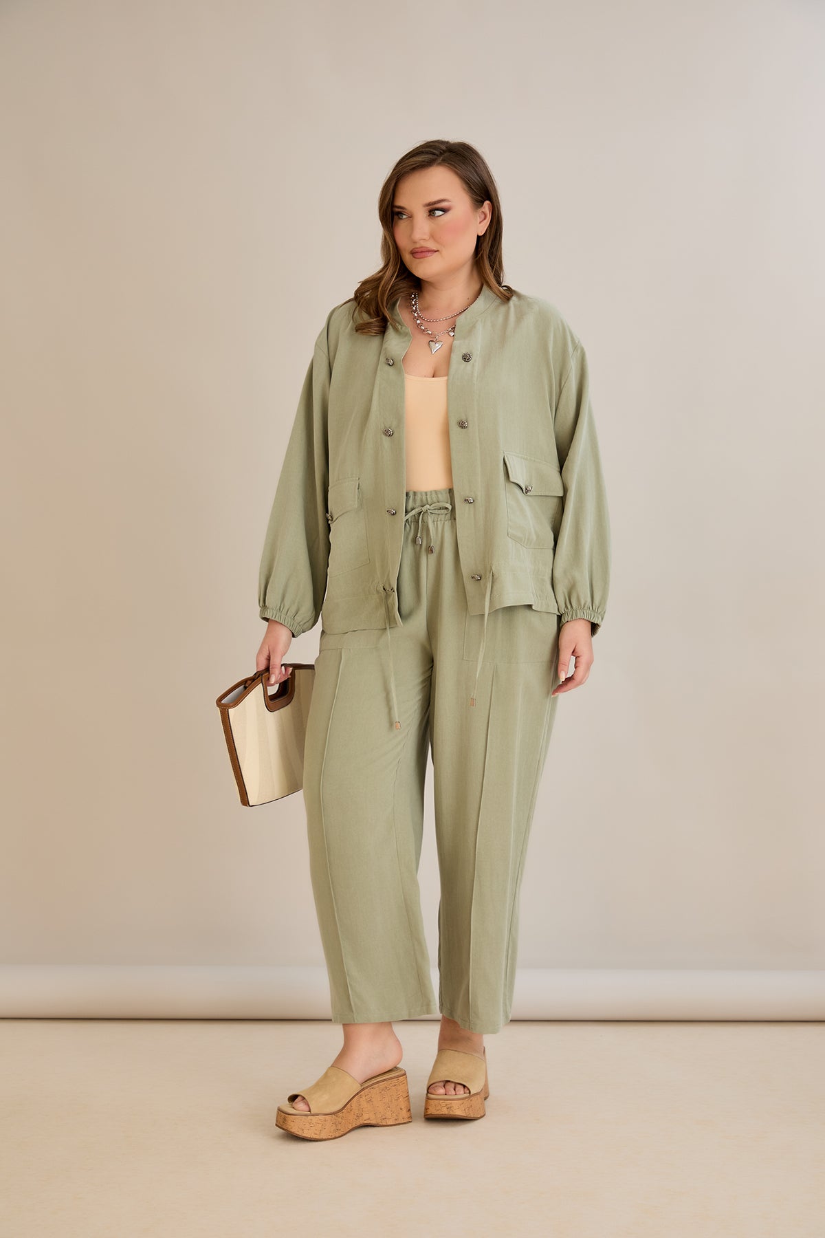 Lyocell Set aus 2 Teilen Hosen + Jacke - Grün 10810