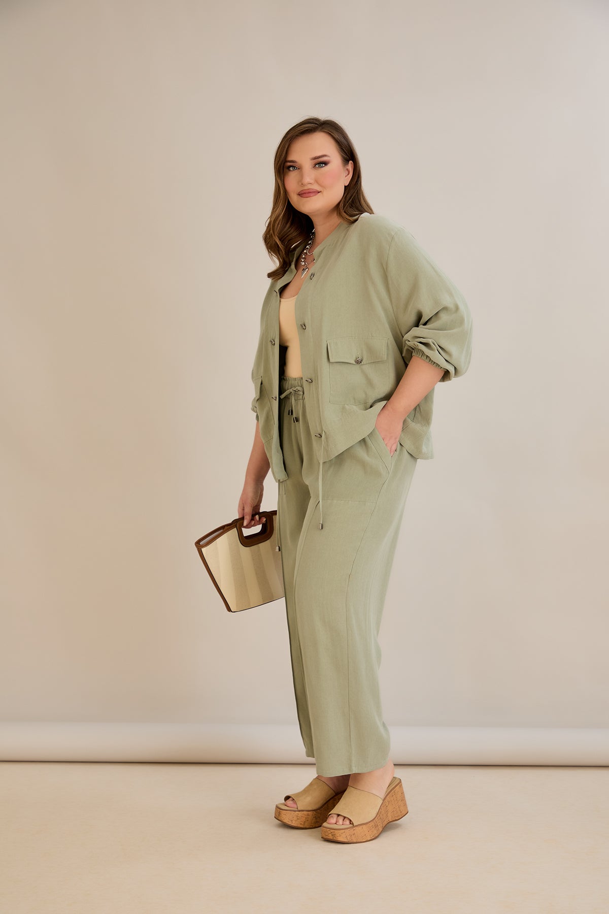 Lyocell Set aus 2 Teilen Hosen + Jacke - Grün 10810