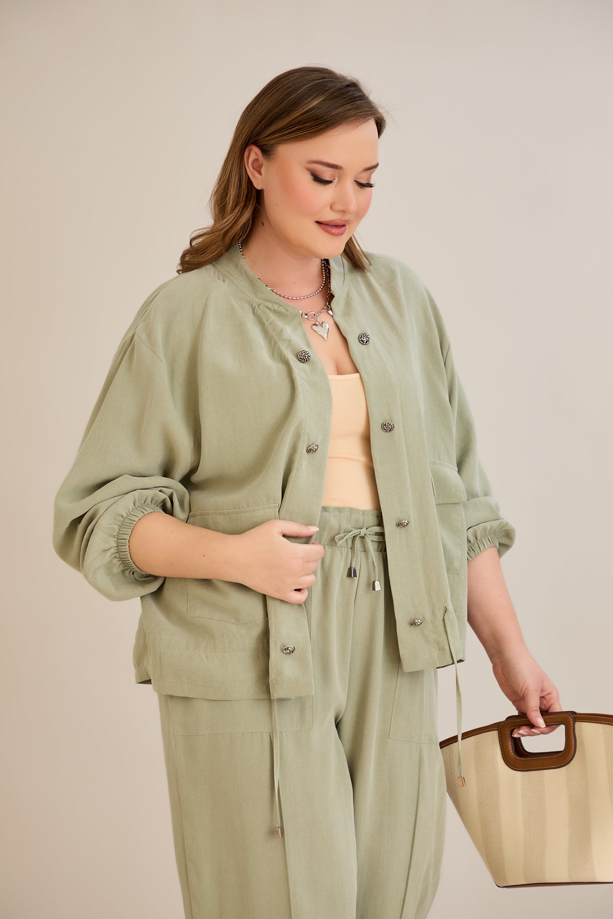 Lyocell Set aus 2 Teilen Hosen + Jacke - Grün 10810