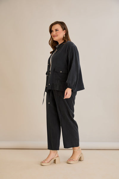Lyocell Set aus 2 Teilen: Hose + Jacke - Schwarz 10810