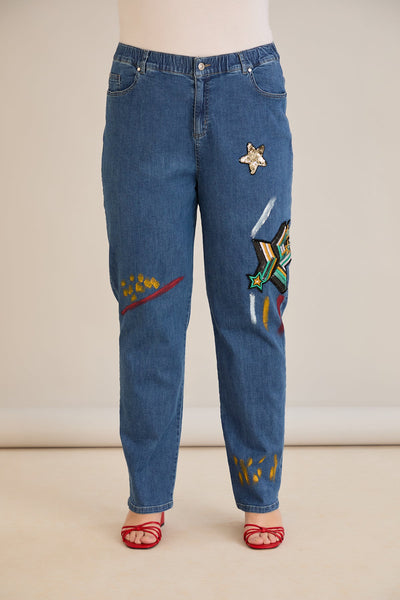 Jeans mit Applikationen und elastischem Bund