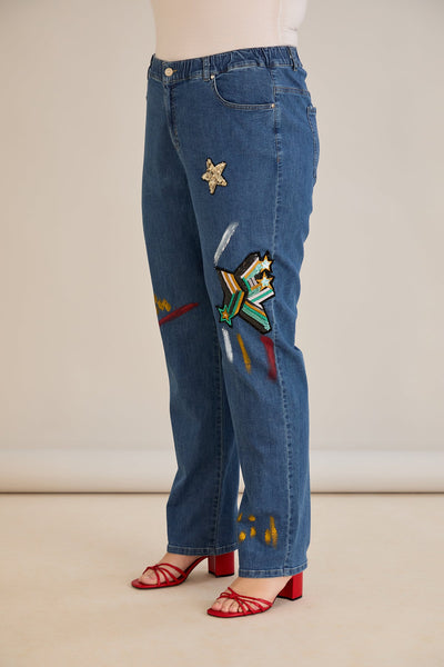 Jeans mit Applikationen und elastischem Bund