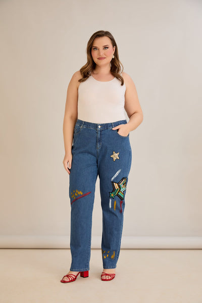 Jeans mit Applikationen und elastischem Bund