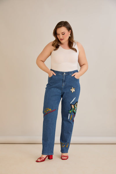 Jeans mit Applikationen und elastischem Bund