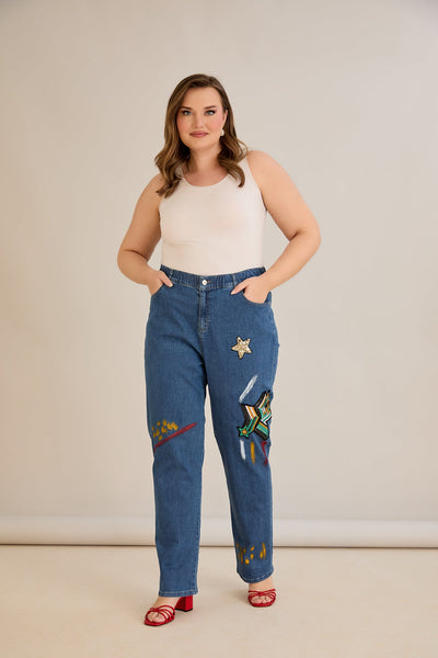 Jeans mit Applikationen und elastischem Bund