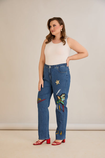 Jeans mit Applikationen und elastischem Bund