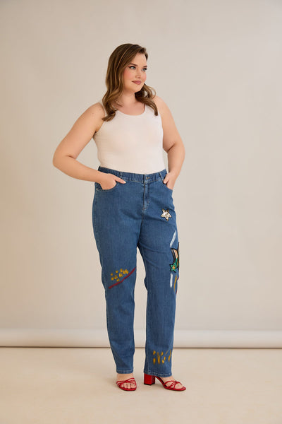 Jeans mit Applikationen und elastischem Bund