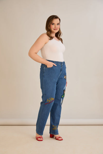 Jeans mit Applikationen und elastischem Bund