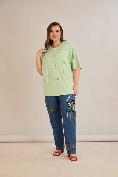 Jeans mit Applikationen und elastischem Bund