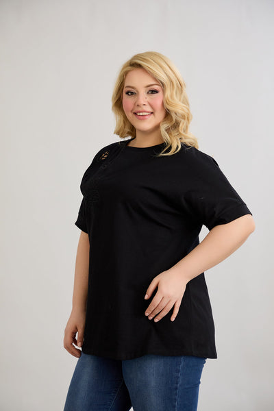 Baumwollbluse mit angeschnittener Stickerei - Schwarz